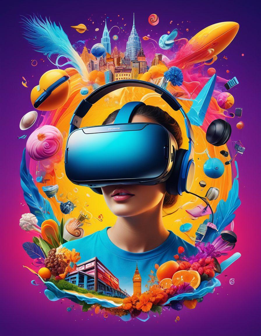 A colorful and engaging digital collage showcasing various online experiences, such as virtual reality gaming, online cooking classes, streaming concerts, and immersive travel tours. Each experience is represented by vivid icons and dynamic illustrations, all set against a lively, abstract background. The composition should evoke excitement and curiosity, inviting viewers to explore the possibilities of fun online. vibrant colors. digital art. playful style.
